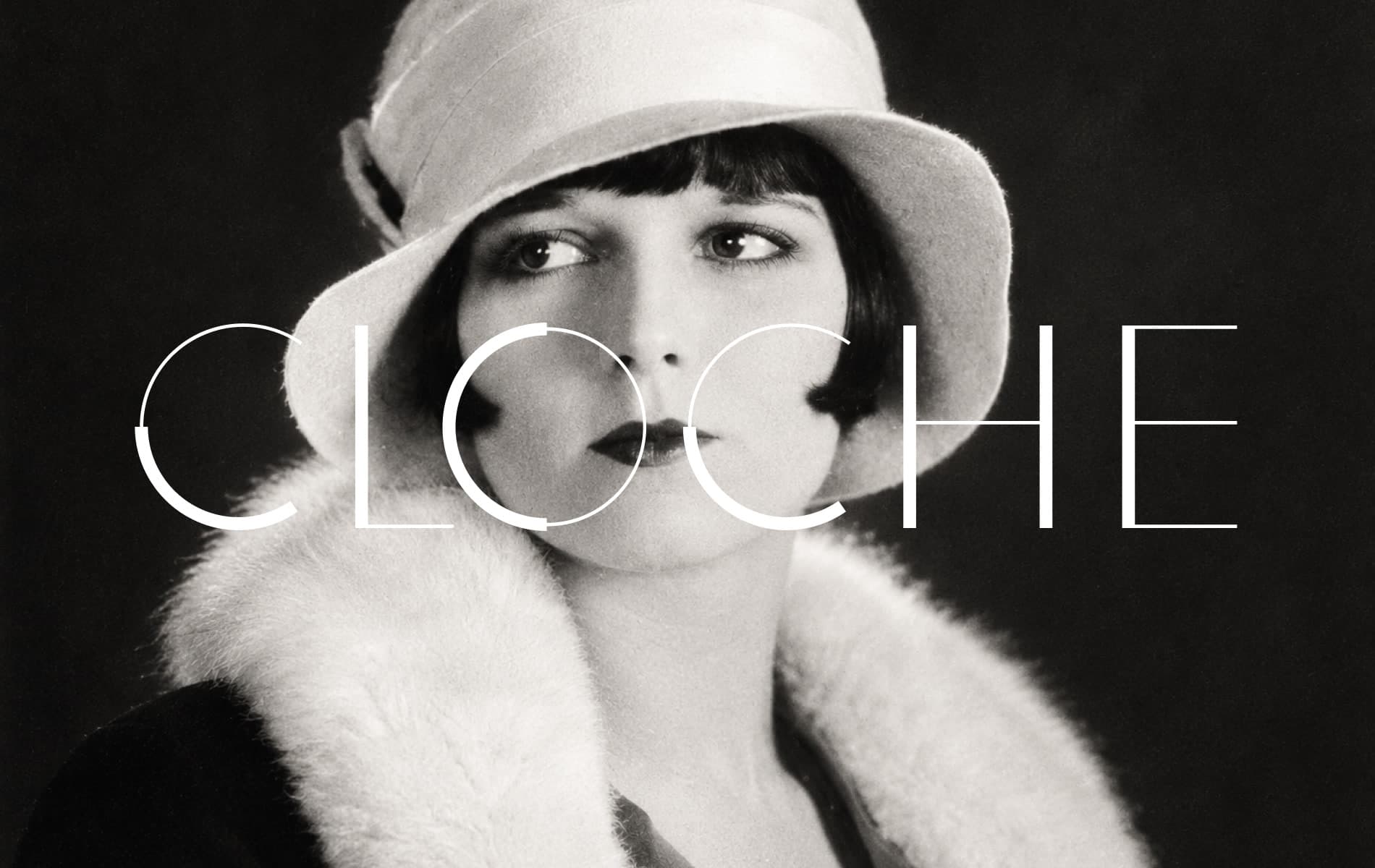 CLOCHE set in white Cloche across a 1920s portrait of a woman in a cloche hat and fur collar