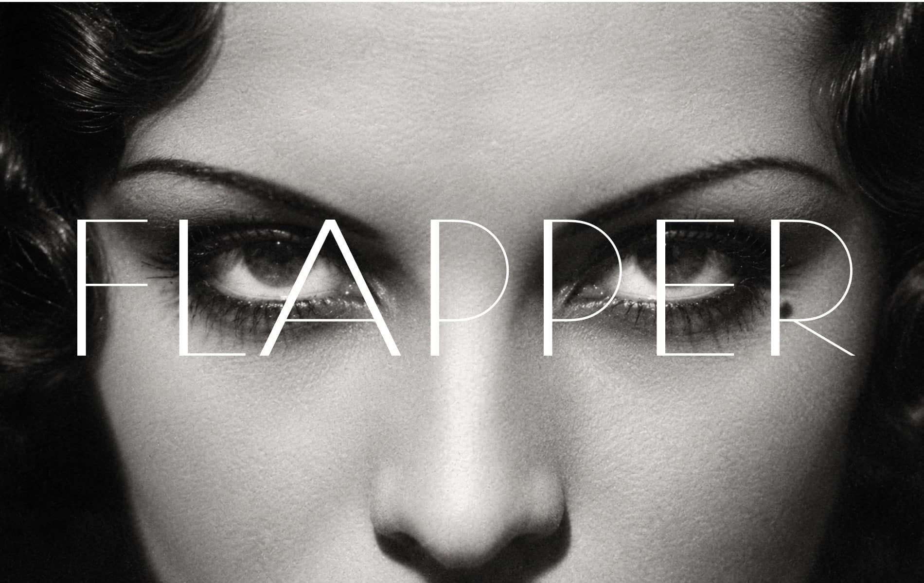 FLAPPER set in white Cloche across a black-and-white close-up of a film star’s eyes